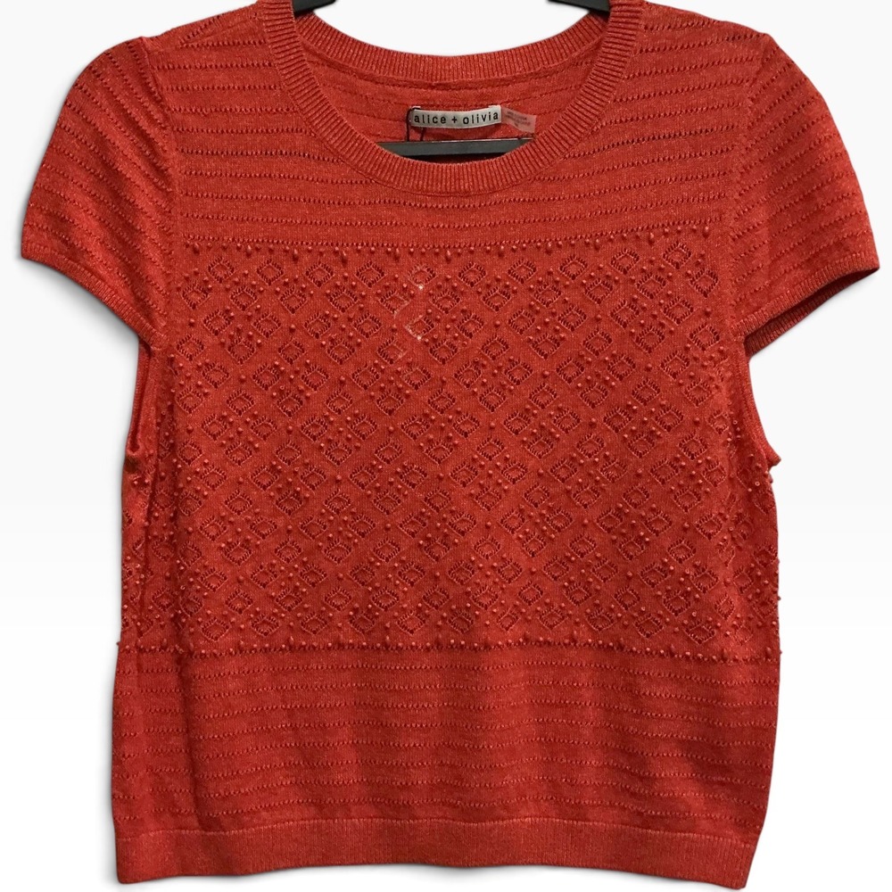 Alice + Olivia NWT Beaded Pointelle Linen Cotton Cropped Sweater Top Orange